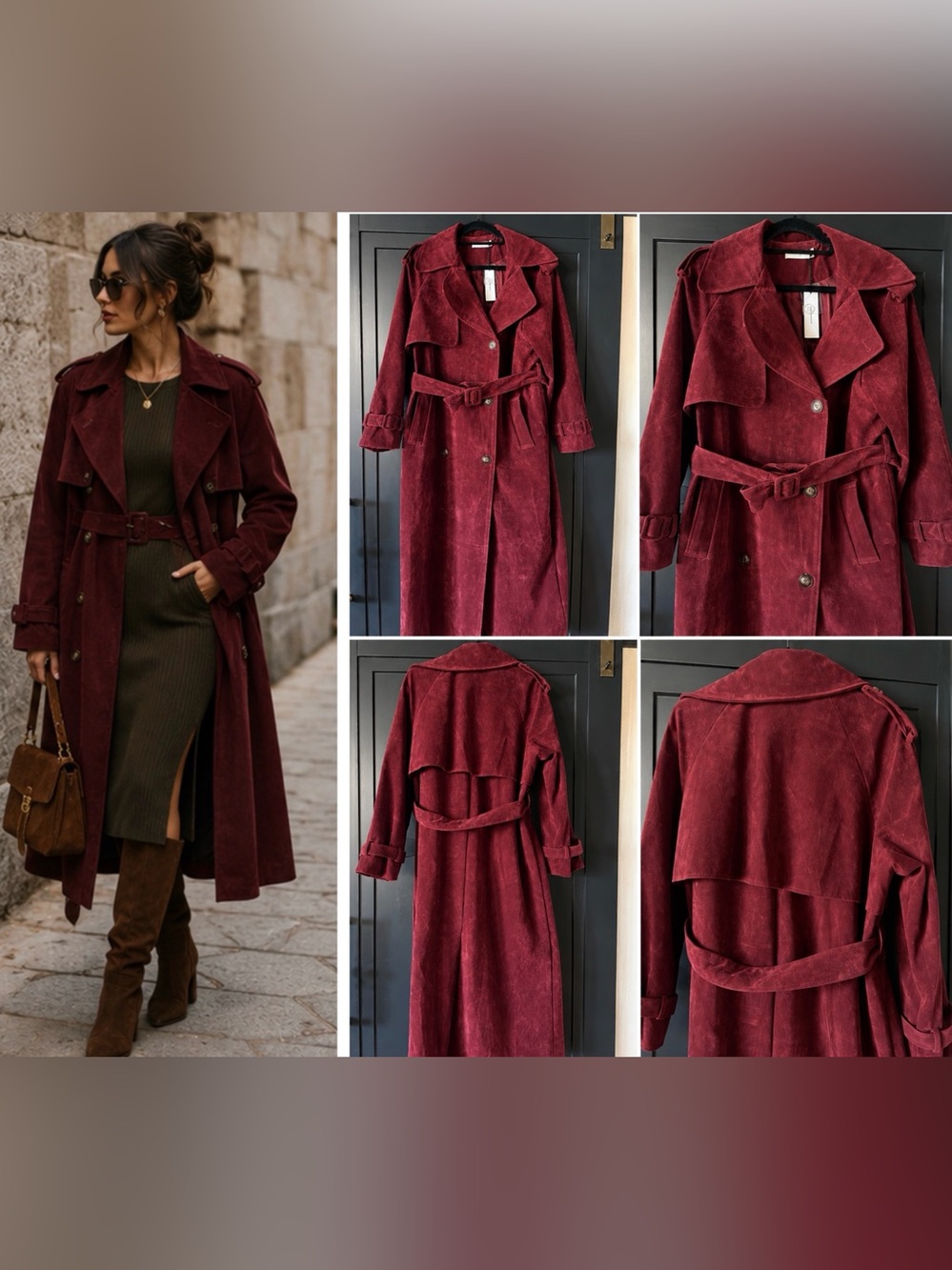 Women's Commense crushed suede effect in burgundy Trench Coat with Belt.